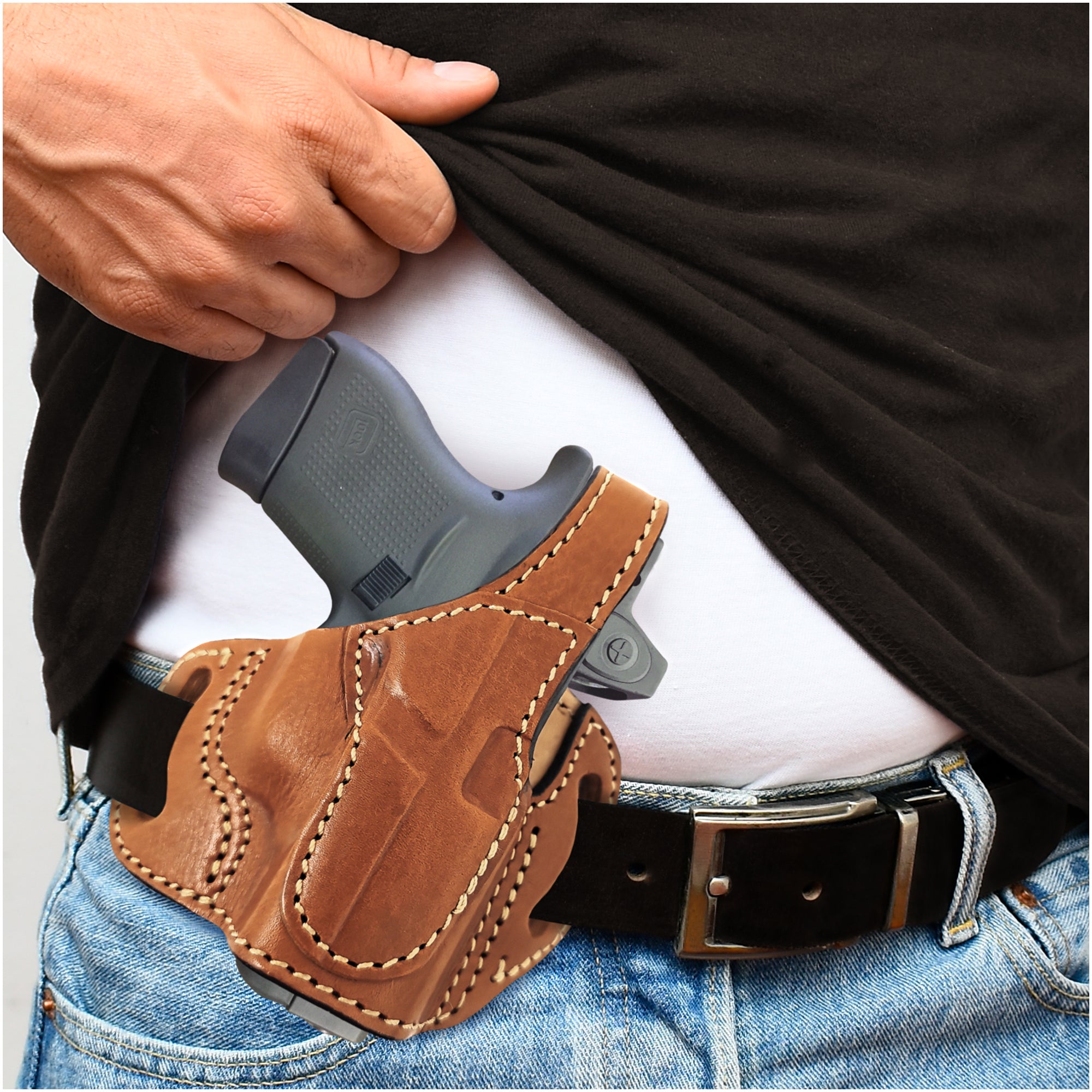 OWB Thumb Break Leather Belt Holster For Taurus 85SS2FS .38 Special Revolver - Right Hand, Brown Leather