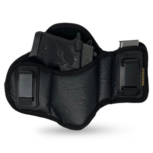 Tactical Pancake Gun Holster Houston - ECO Leather Concealed Carry Soft Material | Suede Interior for Protection | IWB | with Mag Pouch | Fits: Glock 42 43 | Kahr 9mm .40 .45 | Bersa .380 | Ruger LC9